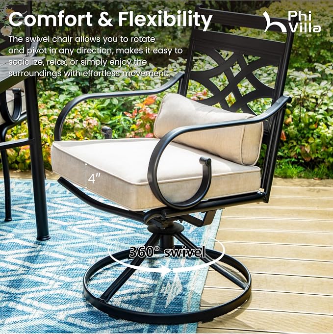 PHI VILLA Outdoor Patio Dining Set for 4 with 10ft 3-Layer Auto-tilt Round Umbrella(Beige),Includes 4 Outdoor Swivel Chairs with Cushions and a Metal Square Table, Perfect for Garden, Lawn, or Deck - Image 3