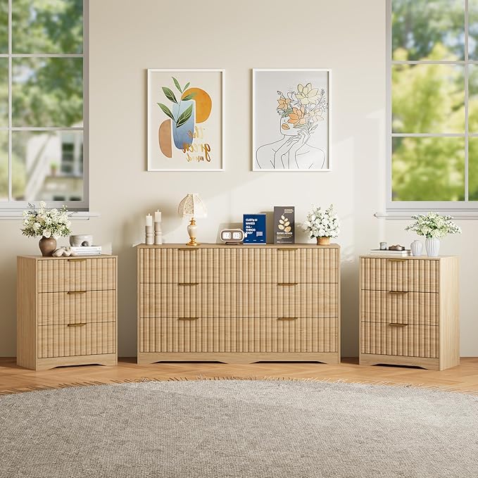 6 Drawer Dresser and Nightstand Sets for Bedroom, Modern Fluted 3 Pcs Bedroom Dresser Furniture Sets, Wood Chest of Drawers and Nightstand Set of 2 with Metal Handles, Natural Oak