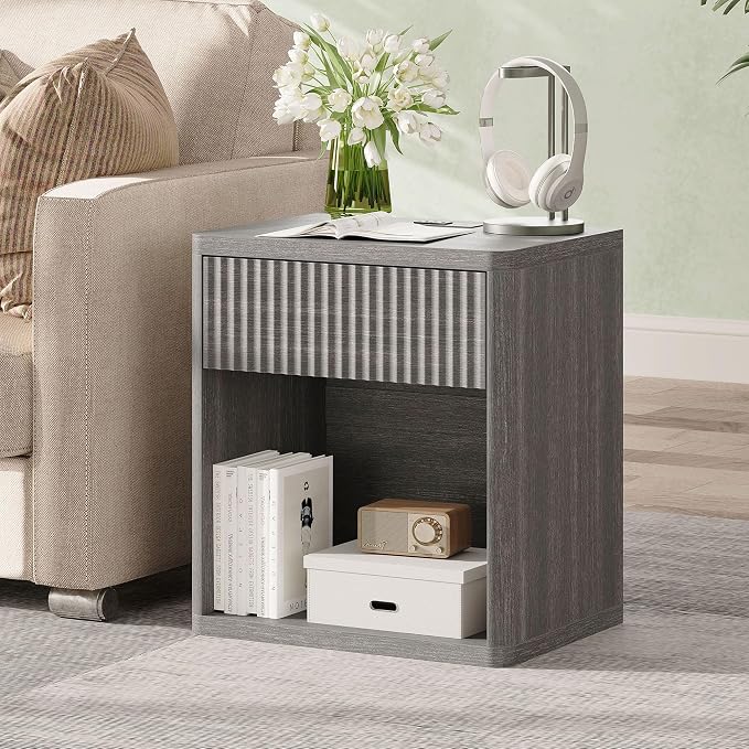Fluted Nightstand Set of 2 with Drawer Bed Side Table Wide End Table Modern Night Stands with Large Storage Charging Station Mid Century for Bedroom Living Room Office,Gray 2 - Image 2