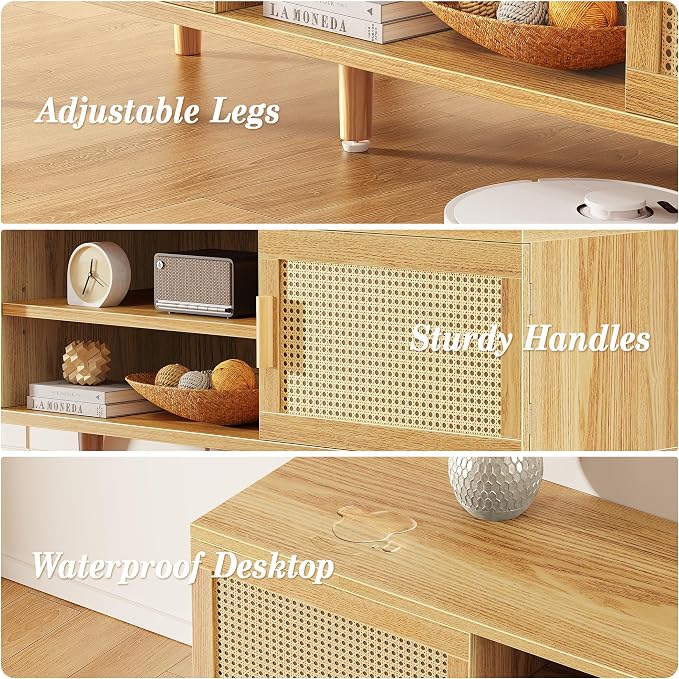 SUPERJARE Boho TV Stand for 65 Inch TV, Entertainment Center with Adjustable Shelf, Rattan TV Console with 2 Cabinets, Media Console, Solid Wood Feet, 4 Cord Holes, for Living Room - Natural - Image 9