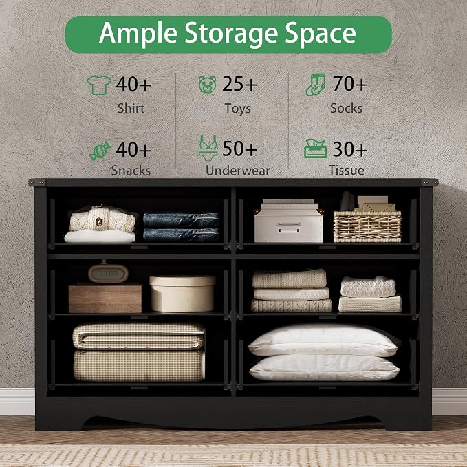 Dresser for Bedroom with 6 Drawers, 48" Wide Wood Chest of Drawers with Deep Drawers & Mental Handle, Modern Dresser TV Stand, Wooden Closet Storage Organizer for Living Room, Hallway, Entryway, Black - Image 4