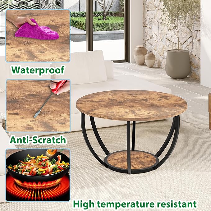 HOMERECOMMEND 28" Round Coffee Table with Storage,2-Tier Wood Accent Center Table for Living Room,Sofa Table for Home Office, Brown
