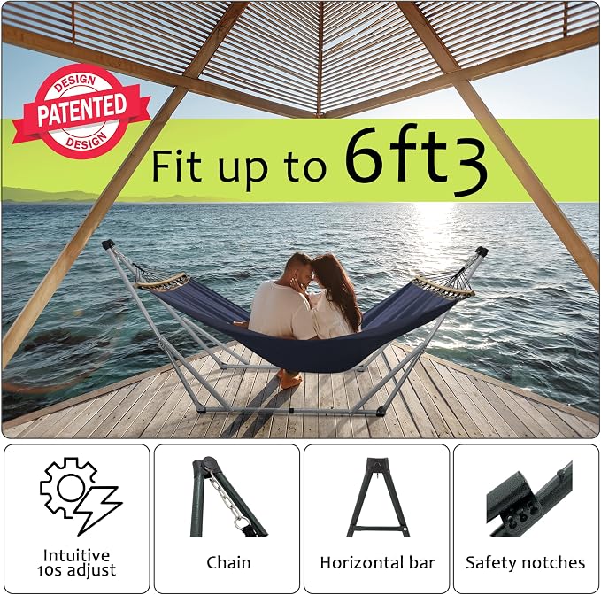Tranquillo Ultimate Relaxation Portable Hammock Stand, Foldable Hammock Stand with Canvas Hammock, Spreader Bar, Quick Fold Unfold in 30 Seconds Steel Frame Hammock 600 lbs Capacity, White/Navy - Image 4