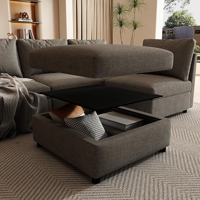 ERYE Oversized Chenille Upholstered Modular Storage Sectional Sofa Couch W/2 Movable Ottomans & Cupholders, U-Shaped Free Combined Sofa Couch Convertible Sleeper Sofabed for Living Room Apartment