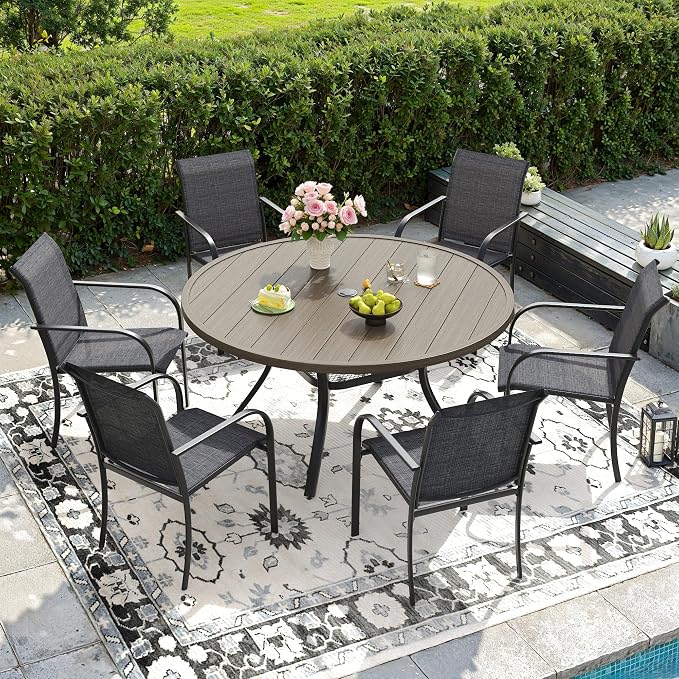 DIFY Outdoor Dining Set for 6, Patio Dining Furniture Set Includes 47.2" Grey Wood-Like Round Table with Adjustable Umbrella Hole and 6 Grey Stackable Metal Chairs for Poolside, Garden, Backyard by DIFY