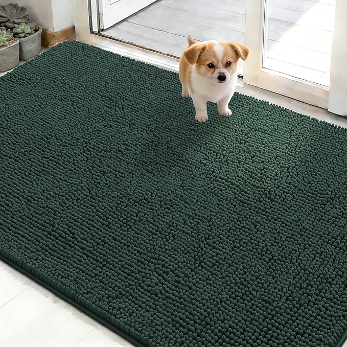 OLANLY Dog Door Mat for Muddy Paws 48x30, Absorbs Moisture and Dirt, Absorbent Non-Slip Washable Doormat, Quick Dry Chenille Mud Mat, Entry Indoor Entryway Carpet for Inside Floor, Blackish Green by OLANLY