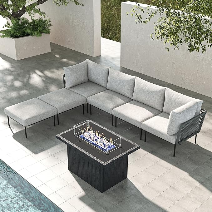 LayinSun 7 Pieces Aluminum Patio Furniture Set, Modern Modular Sectional Sofa with Fire Pit Table and Upgrade Thickness Cushion