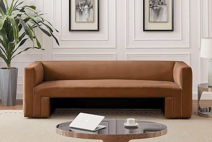 Meridian Furniture 665Saddle-S Henson Collection Modern | Contemporary Velvet Upholstered Sofa with Soft Saddle Brown Velvet, Solid Wood Frame, 89.5" W x 34.5" D x 28" H, Saddle