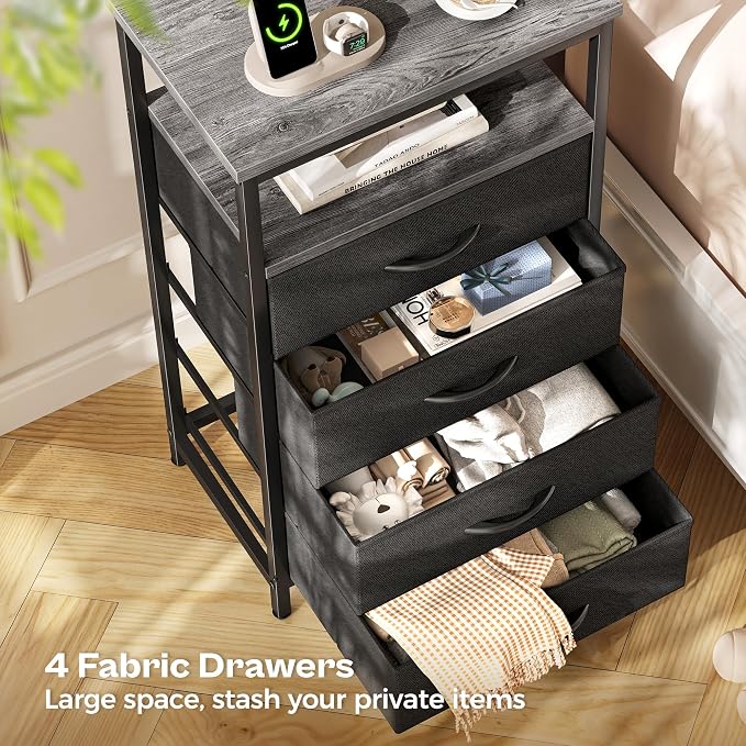Huuger Night Stand with Charging Station, 4 Drawer Dresser for Bedroom, Bedside Table, 33.9 Inch Tall Nightstand with Open Shelf, End Table, for Closet, Entryway, Bedroooom, Gray - Image 6
