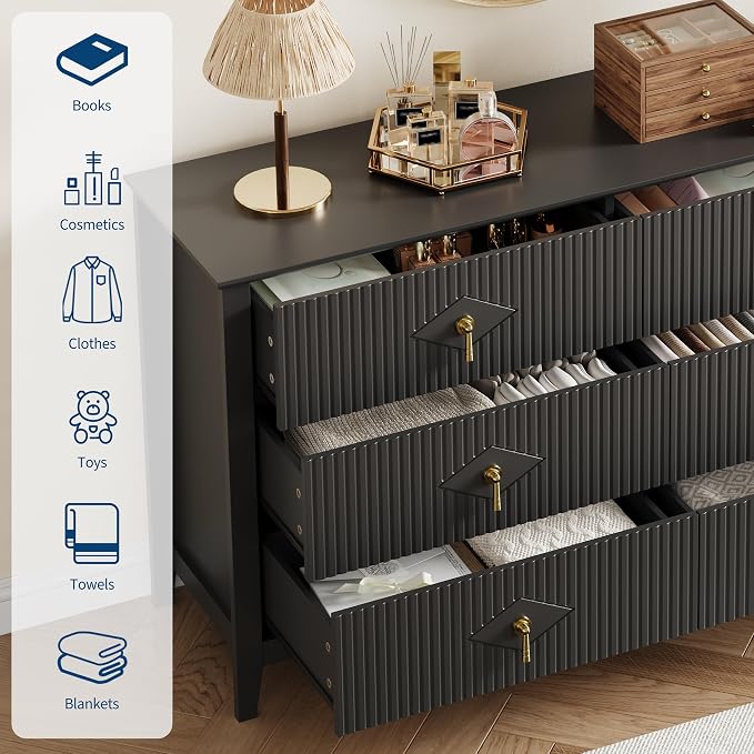 GarveeHome Fluted Dresser for Bedroom, 54 Inch Wide 6-Drawer Wood Dresser, Modern Chest of Drawers, Storage Organizer Cabinet for Living Room, Hallway, Entryway, Black - Image 3