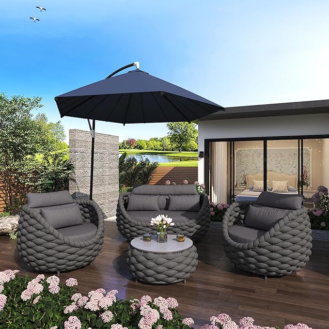TWT 6 Pieces Patio Furniture Set, Outdoor Rope Conversation Sectional Patio Sofa with 6 Seater for Backyard, Porch, Modern Armchairs with Thickness Cushions and Side Table, Dark Grey