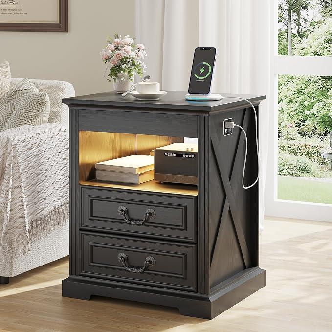 Dystler Night Stand Set 2 with Gun Drawer, Bedside Tables with LED Light & Human Sensor, Nightstands Gun Safe with 2 Drawers for Bedroom, Farmhouse End Table with Charger Station, Black - Image 9