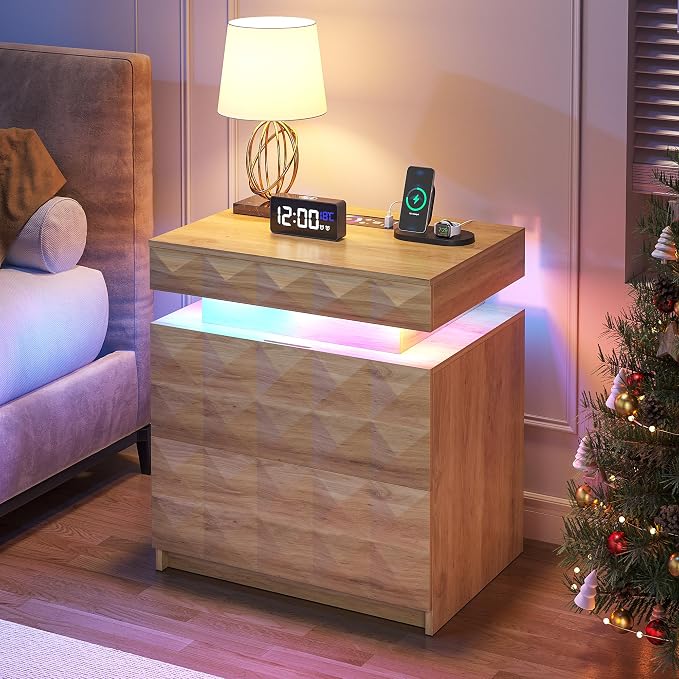 Dystler LED Nightstand with Charging Station,3 Drawers Night Stand with Lockable Hidden Storage,Smart Bedside Table with Human Sensor RGB Lights for Bedroom,Wood by CraftYourIdealHomeLife