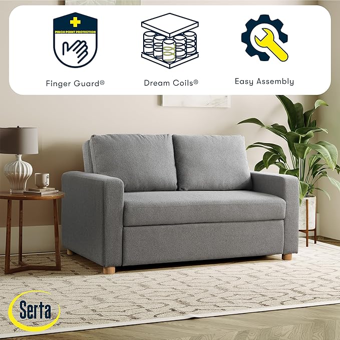 Serta Tulsa 66.1" Convertible Sleeper Loveseat, Full Size, Dreamcoil Comfort, FingerGuard Pinch Point Protection, Boucle Fabric, Grey