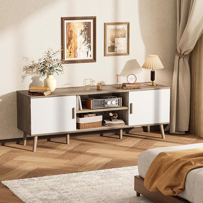 SUPERJARE TV Stand for 55 Inch TV, Entertainment Center with Adjustable Shelf, 2 Cabinets, TV Console Table, Media Console, Solid Wood Feet, Cord Holes, for Living Room, Bedroom, Gray and White - Image 8