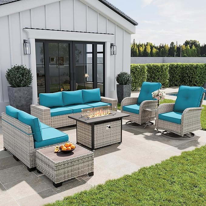 10-Piece Outdoor Patio Furniture Set with Rocking Swivel Chair, PE Wicker Rattan Sectional Sofa Patio Conversation Set with 55,000 BTU Fire Pit Table & Coffee Table, Turquoise
