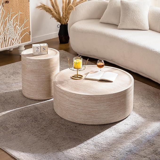 Round Coffee Table in Faux Marble, 31.5" W × 12" H Stone Coffee Tables for Living Room, Modern Drum Center MDF Vintage Design Low, Office, Apartment No Assembly Required Beige Mars