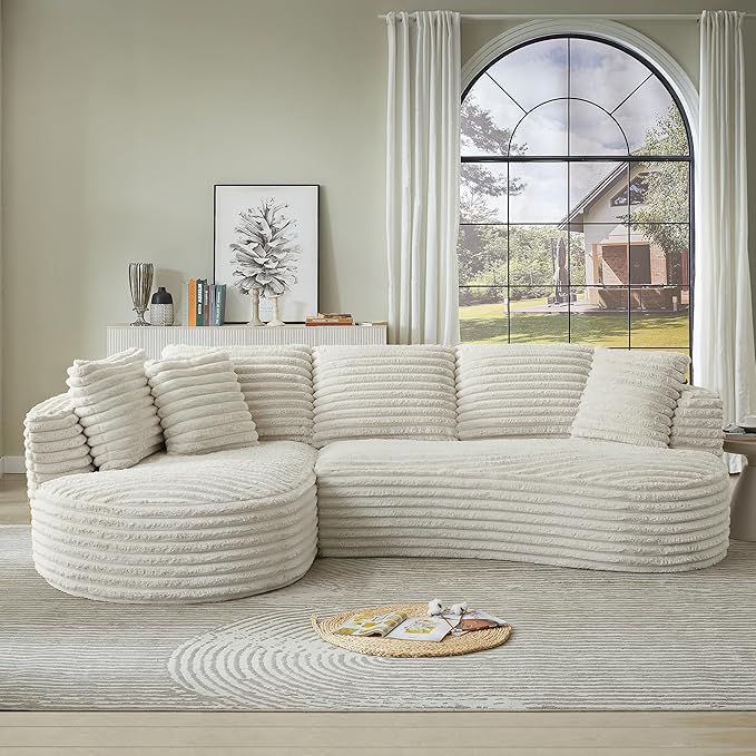 Plush Corduroy Cloud Sectional Sofa with Curved Chaise, Oversized 2 Pieces Modular Lounge Sofa with Deep Seat, Upholstered Sponge Compressed Couches for Living Room Bedroom,No Assembly Required