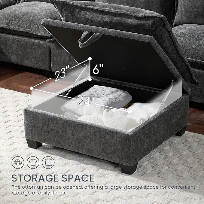 Ball & Cast Oversized U Shaped Sectional Couch with Movable Storage Ottoman,7 Seat Chenille Upholstered Sectional Sofa w/9 Pillows,DIY Combination,Wide Seat Couches for Living Room,Office,Gray