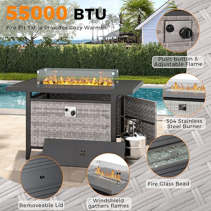 8-Seat Outdoor Wicker Patio Furniture Set with Fire Pit Table, Modular Rattan Sectional Sofa & 2 Swivel Rocking Chairs, 4" Thick Cushions, Rust-Resistant Frame,Navy