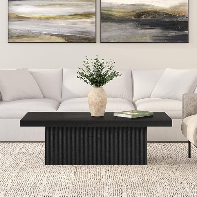 Henn&Hart 48" Fluted Low-Profile Rectangular Coffee Table with Ribbed Base for Living Room, Family Room, or Office, Natural Black