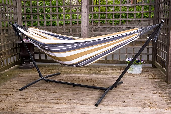 Vivere Double Cotton Hammock with Space Saving Steel Stand, Upgraded Polyester End Strings 450 lb Capacity - Premium Carry Bag Included (Desert Moon) - Image 2