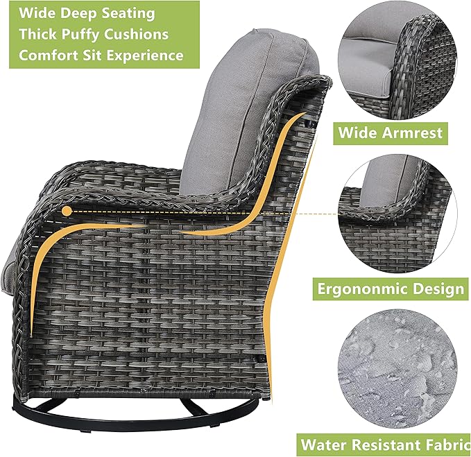 Rilyson Wicker Rocking Chair Swivel Chairs - 3 Piece Rocker Patio Furniture Set Rattan Rocking Bistro Sets with Glass Top Side Table for Outdoor Porch Deck Garden Backyard (Mixed Grey/Grey)