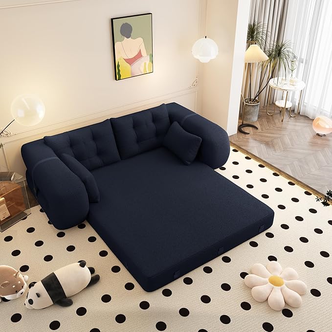 78.7" Convertible Sofa Bed, 3-in-1 Folding Floor Couch with 4 Pillows, Sleeper Sofa for Living Room and Guest Bed, No Assembly Required (Navy Blue, Teddy Fabric)