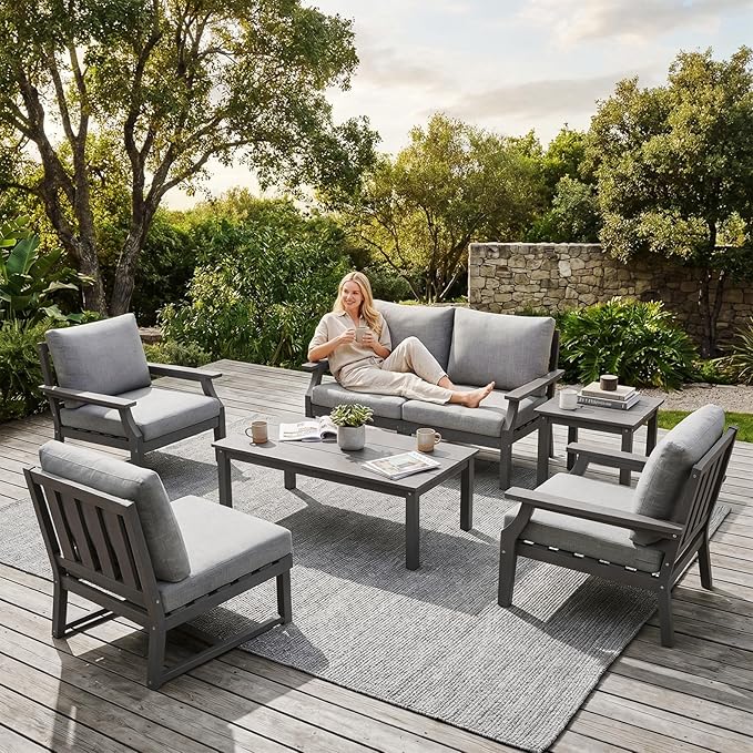 HDPE Patio Conversation Set, 7-Piece All Weather Outdoor Furniture Set with 2 Single Armchairs for Deck, Lawn, with Cushion, Gray
