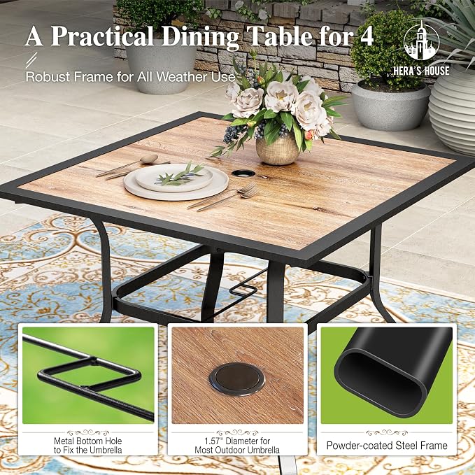 HERA'S HOUSE Patio Table and Chairs for 4, 5 Pieces Outdoor Deck Dining Sets, Square Metal Table Set with Chairs for Lawn Garden Backyard, Brown - Image 4