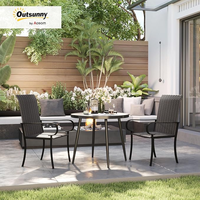 Outsunny Set of 2 Outdoor Wicker Dining Chairs, All-Weather Rattan Armchairs with Armrests, Steel Frame, High Back and Deep Seating, for Garden, Patio, Deck, Yard, Poolside, Brown - Image 2