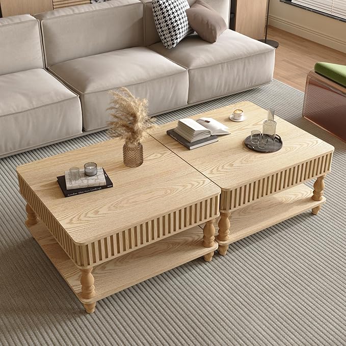 31.5" Square Lift Top Coffee Table with Storage Modern Fluted Coffee Tables with Lifting Top, Farmhouse Solid Wood Center Table with Table Legs for Living Room, Apartment or Office (Natural)