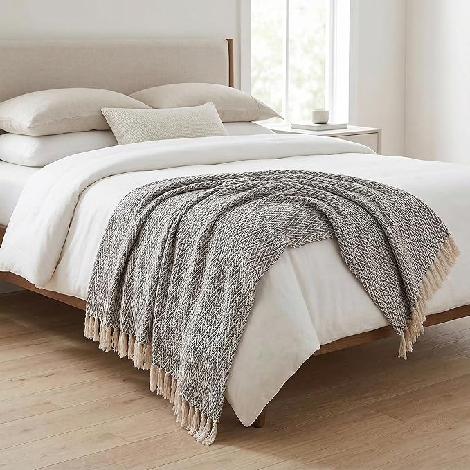 Americanflat 50x60 Throw Blanket - Soft and Breathable Cotton Throw Blanket for Couch, Bed, Chair - Decorative Blankets Perfect for Home, Office, or Outdoor Use - Black and Cream Chevron Design