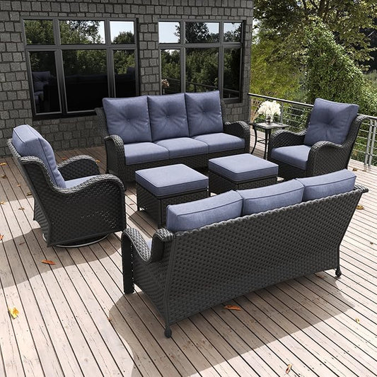 LayinSun 7 Pieces Outdoor Patio Furniture Set, Rattan Wicker Sectional Swivel Rocker Chairs Sets with Ottomans, Swivel Glider Chairs and Coffee Table