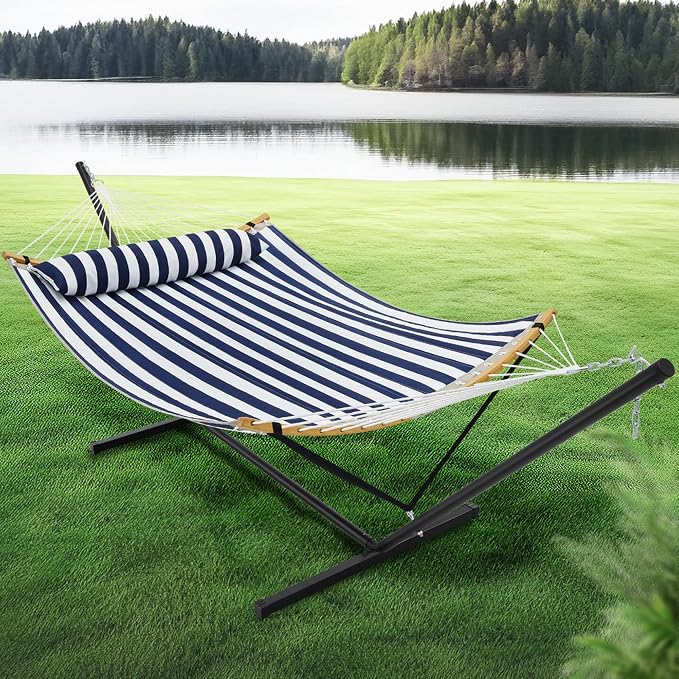 SUPERJARE Curved-Bar Hammock with Stand, 2 Person Heavy Duty Hammock Frame, Detachable Pillow & Portable Carrying Bag, Perfect for Outdoor & Indoor, Denim Blue with White Stripes - Image 2