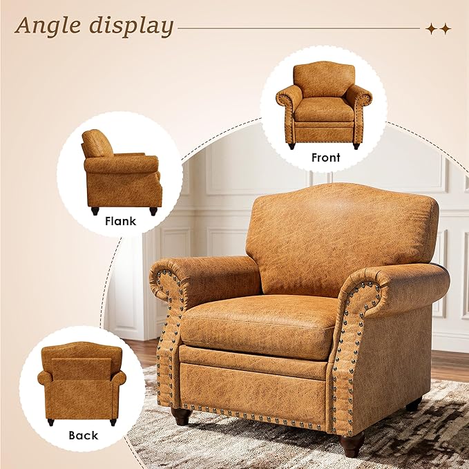 Single Sofa Chair, Faux Leather Nailhead Armchair, Rolled Arm Accent Chair for Living Room, Wood Legs, Traditional Single Couch Chair for Apartment, Farmhouse (Brown, Set of 2)
