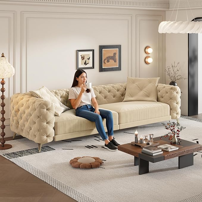 Ball & Cast 3-in-1 Convertible Sleeper Sofa with Movable Ottoman,97.7" Velvet Pull Out Sofa Bed, Modern Button Tufted 4-Seater Sofa Couch with Deep Seat for Living Room, Apartment,Office,Apricot