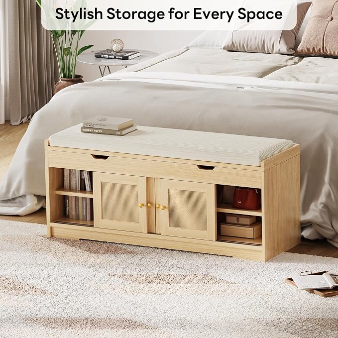LIKIMIO 47.2" Shoe Bench with Lift Top Storage, Entryway Bench with Cushioned Seat, 2-Tier Rattan Shoe Cabinet with Adjustable Shelf, Storage Bench for Bedroom, Living Room, Hallway, Natural - Image 5