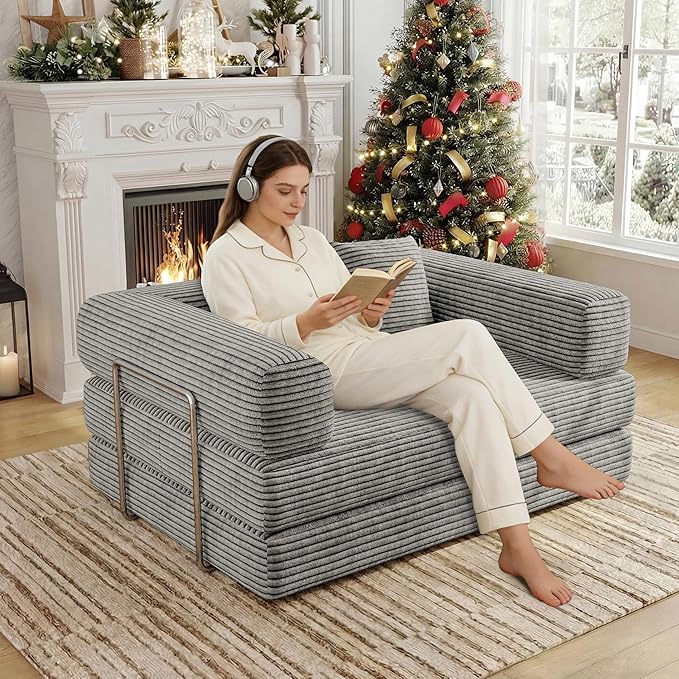 4 in 1 Futon Sofa Bed Queen Size - Foldable Convertible Sleeper Sofa Couch with L-Shaped Support, Removable Washable Floor Space Saving for Bedroom & Dorm (Light Gray, 53.15" Double Sofa)