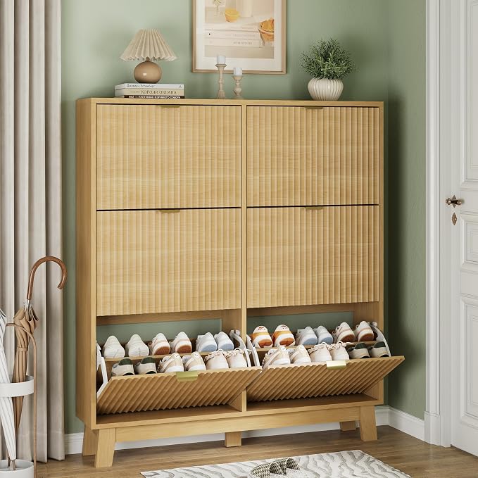 Xixini Shoe Cabinet with 6 Flip Drawers, 54" Tall Narrow Fluted Shoe Storage Organizer for Entryway, Hidden Slim Wooden Shoe Rack Cabinet for Front Door Entrance, Hallway, Living Room, Natural Oak by Xixini