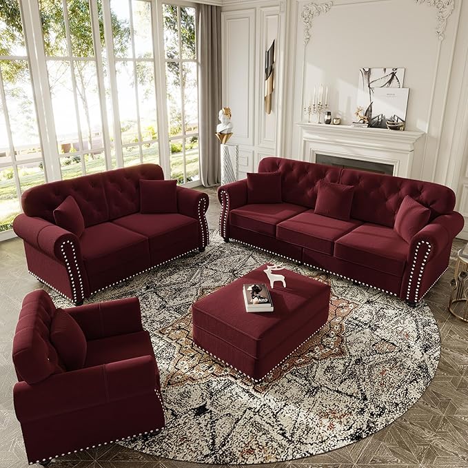 KEIKI 3-Piece Chesterfield Sofa Set with 1 Velvet 3-Seater Sofa & 1 Loveseat & 1 Single Sofa, 6-Seater Couch Set with Nailhead Trim & Rolled Arms & 1 Ottoman & 6 Pillow, for Living Room, Burgundy