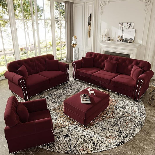 KEIKI 3-Piece Chesterfield Sofa Set with 1 Velvet 3-Seater Sofa & 1 Loveseat & 1 Single Sofa, 6-Seater Couch Set with Nailhead Trim & Rolled Arms & 1 Ottoman & 6 Pillow, for Living Room, Burgundy
