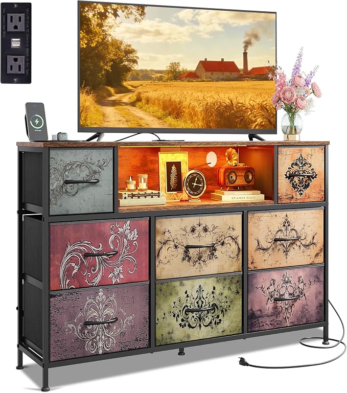 WLIVE Dresser TV Stand for 45, 50, 55 inch TV, Entertainment Center with LED Lights & Charging Station, Chest of Drawers with 8 Fabric Drawers and Open Shelves for Living Room, Hallway, Pattern by WLIVE