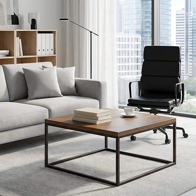 CENSI 30" Square Coffee Table, Walnut Wood Center Table for Living Room, Modern Industrial Metal Frame, Extra Thick 1.2" Top, Rustic Farmhouse Cocktail Table, Mid Century Style, Easy Assembly