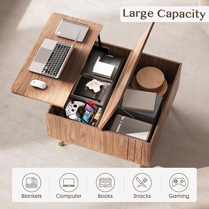 Square Coffee Table with Lift-Top & Flip-Top Storage, 36" Functional Modern Accent Center Table with Solid Wood Legs, Rustic Walnut Coffee Tables for Living Room Small Space or Office