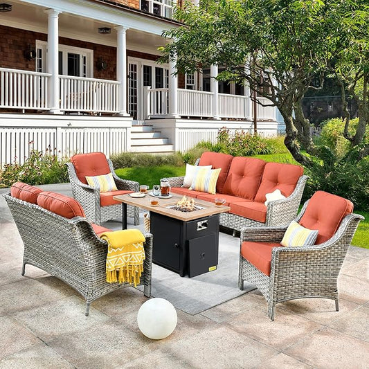 HOOOWOOO 5 Piece Patio Set with Fire Pit Table, All Weather Resistant High Back Rattan Outdoor Wicker Furniture (Red)