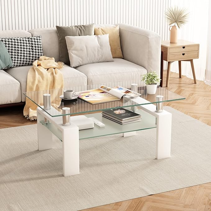 39.4'' Rectangle Glass Coffee Table, White Coffee Table with Tempered Glass & Metal Legs, 2-Tier Modern Center Table with Storage Shelf, Clear Glass Coffee Tables for Living Room, Apartment, Office