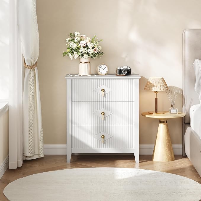 GarveeHome 2Pcs Wood Nightstand Fluted Dresser for Bedroom, 27.5" Wide 3-Drawer Bedside Tables, Modern Chest of Drawers, Storage End Table Living Room, Hallway, Entryway, White - Image 7