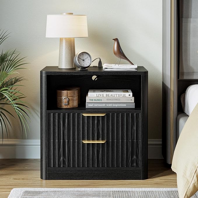 IRONCK Fluted Night Stand, Modern Nightstand with Charging Station, Drawers and Open Shelves - Bedside Table Wood Side Table for Bedroom, Black - Image 5