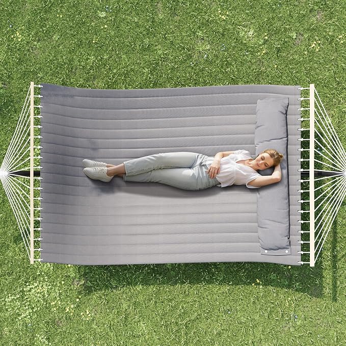 Double Hammock with Stand for 2 Person, Outdoor Freestanding Hammock Bed with 475lb Capacity - Heavy Duty Steel Frame, Quilted Pillow & Portable Carry Bag, Easy Assembly, Dark Gray - Image 7